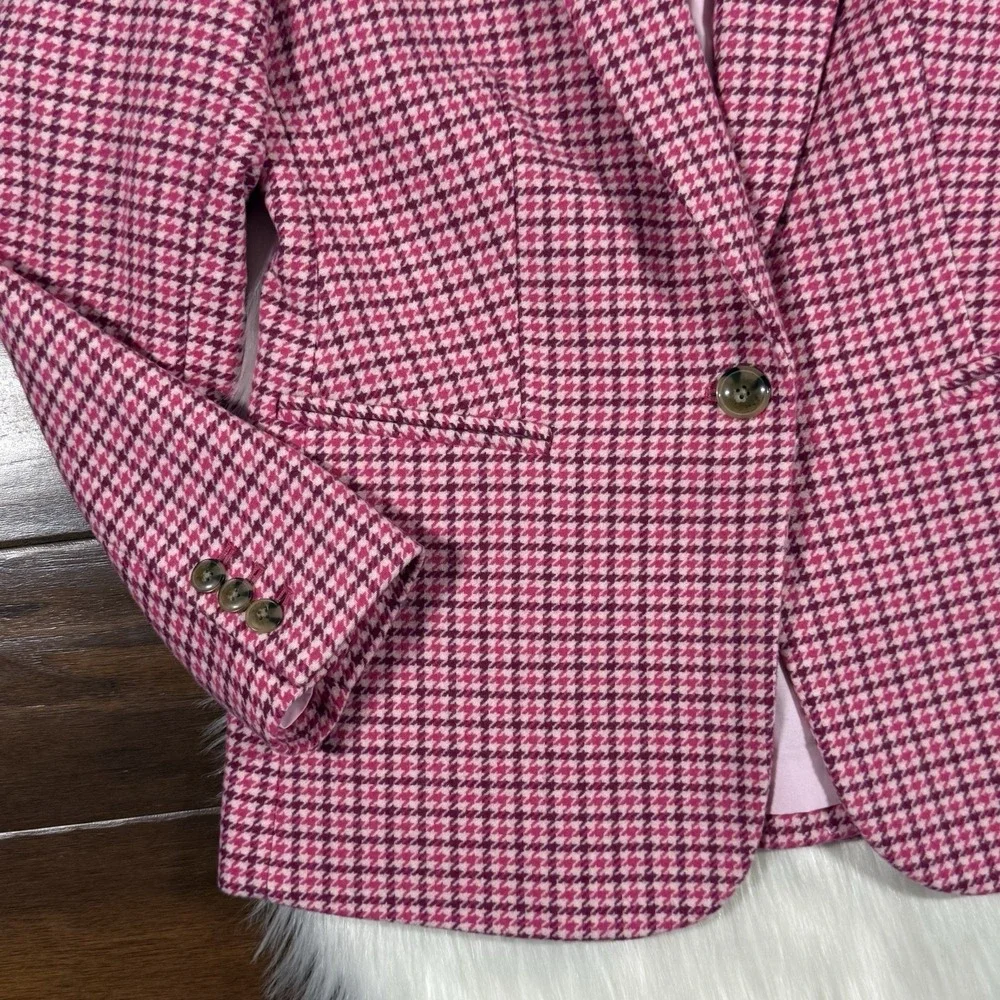 J.‎ Crew Women's Size 4 P Petite Pink Houndstooth Wool Blend Blazer Jacket BA809